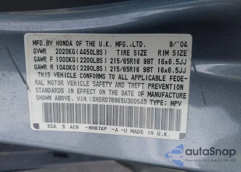 2005 Honda Cr-V Se из США, поврежденный, VIN SHSRD78965U300540